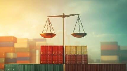 Balancing justice and trade legal scales amidst shipping containers industrial environment captivating perspective