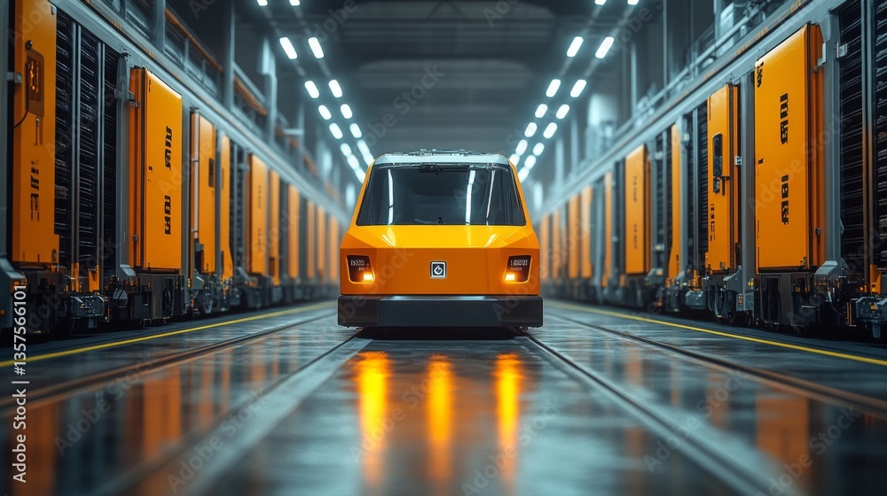Leinwandbilder Inside a spacious warehouse, automated vehicles are positioned between rows of storage units, facilitating efficient sorting and distribution of inventory during peak hours.