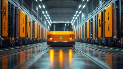 Obraz premium Inside a spacious warehouse, automated vehicles are positioned between rows of storage units, facilitating efficient sorting and distribution of inventory during peak hours.