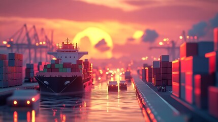 Fototapeta premium Cargo ship navigating port at sunset maritime industry scene digital art urban environment aerial view trade and transport dynamics