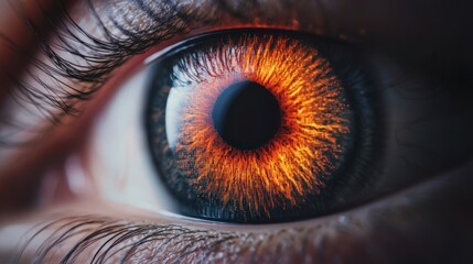 Biometric security and iris privacy, A close-up of an eye with a striking, fiery orange iris and intricate details, showcasing its unique pattern and vivid colors.