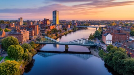 Preston Cityscape at Sunset: River Ribble and Modern Bridge