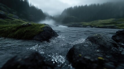 Obraz premium Misty mountain river flowing over rocks