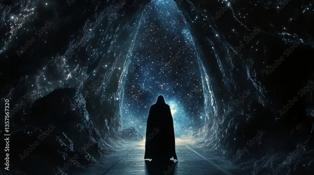Wall mural a dark silhouette in a cloak stands in the center of an alien cliff, with galaxies and nebulae depic