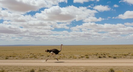 Fototapeta premium Ostrich sprinting across a dirt road under a vast blue and cloudy sky