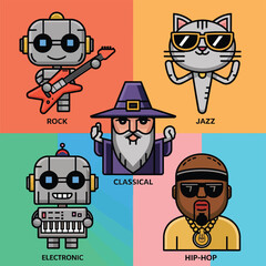 Fototapeta premium 2d vector illustration icon cool entertainment cartoon character music tools (Drum , Music Note , Headphones ,Microphone , Piano , Guitar ,Record) 