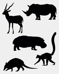 African Animals Silhouettes Set, Wild Animals Collection, Black, Rhinoceros, Lemur, Armadillo, Hippopotamus, Gazelle, Isolated, EPS 10, Vector