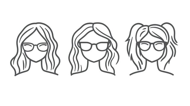 Line - drawn female avatars with glasses and different hairstyles, presenting a simple and stylish visual for female - oriented designs.