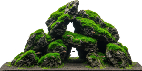 Aquatic Landscape Design Moss Covered Rocks and Fish in Aquarium