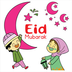 A lighthearted, cartoon-style Eid design with happy moons, stars, and little lanterns smiling around Eid Mubarak