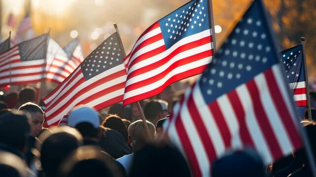 Background blur of crowd at political rally in the United States holding signs and carrying US flags. Great image for upcoming election cycle in presidential campaigns. Copy space