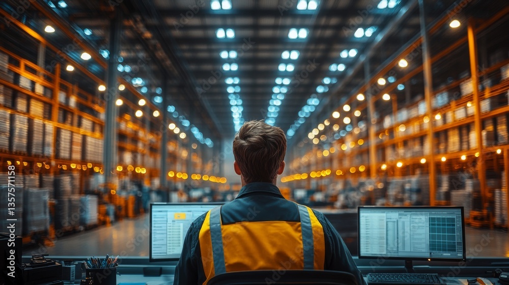 Poster a logistics coordinator is seated at a workstation with multiple screens, overseeing inventory manag