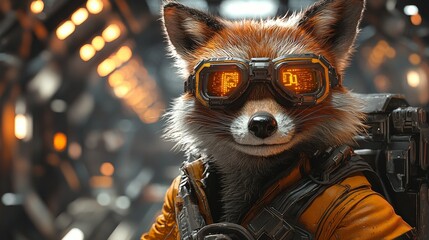 Fox wearing goggles and futuristic gear driving through spaceship. © Inga Av