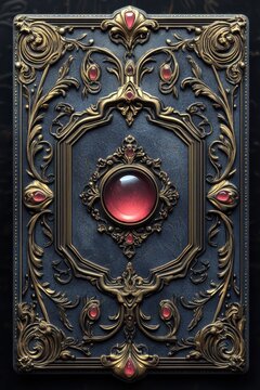 Ornate Antique Book Cover with Gemstones and Gold Accents