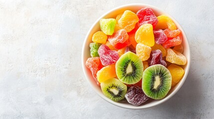 A bowl of mixed dried tropical fruits like pineapple, papaya and kiwi, bursting with vibrant colors on a neutral backdrop