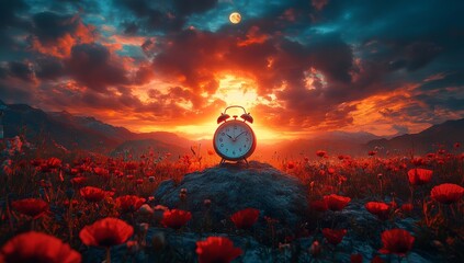 Photo of alarm clock in the middle on landscape with mountains, a sunset sky, and poppy flowers.