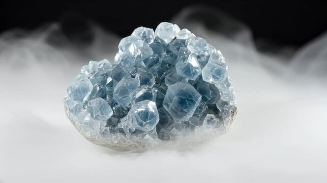 Side view, delicate celestite crystal cluster, pale sky-blue gems sparkling faintly, nestled in a bed of white mist, tranquil radiance