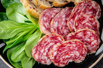 Dry-cured sausage salami appetizer dish fresh delicious gourmet food background on the table rustic...
