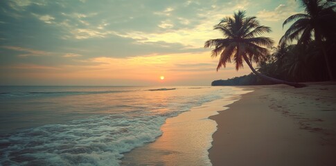 Beautiful tropical beach with palm trees at sunset, golden light.