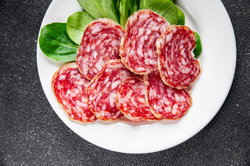 Dry-cured sausage salami appetizer dish fresh delicious gourmet food background on the table rustic food top view copy space
