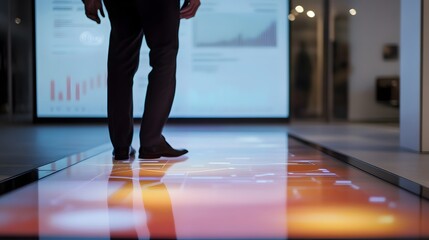 A man is confidently walking through a brightly lit office, the light reflecting on the floor. The background has a screen with graphs, indicating a modern business environment.