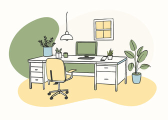 Modern Home Office Design with Plants and Desk Accessories