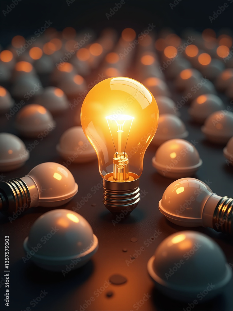 Poster one bright light bulb stands out from a sea of identical bulbs to represent individuality and unique