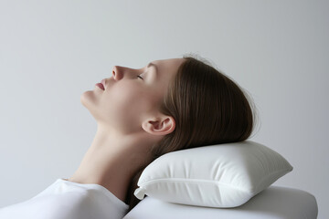 A person resting on an orthopedic pillow, shown in profile view to emphasize neck and head alignment.