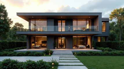 Fototapeta premium Modern Two-Story Residence with Expansive Glass Walls and Serene Landscaping at Dusk