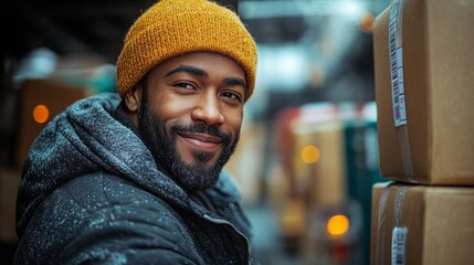A worker wearing a yellow beanie and jacket smiles while checking inventory in a well organized warehouse, surrounded by neatly stacked boxes and soft, ambient lighting.