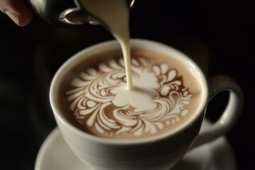 Pouring Milk Art Latte in Cafe