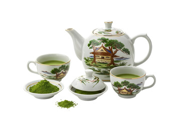 Fototapeta premium Beautifully Crafted Tea Set with Teapot and Cups Featuring Traditional Asian Design, Displayed with Matcha Powder and Saucer on White Background