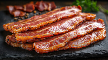 Fototapeta premium Sizzling, crispy bacon strips arranged neatly on a slate platter, garnished with herbs, showcasing a delicious and savory treat.
