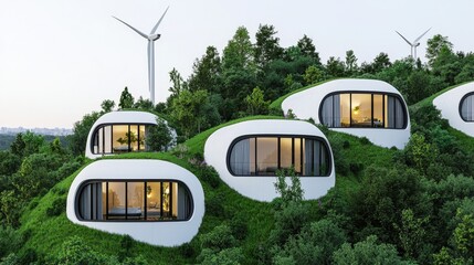 Carbon-neutral cities renewable and innovation, Modern, eco-friendly homes blend seamlessly into a lush hillside, featuring large windows and wind turbines in the background.