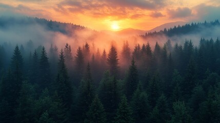 Obraz premium In the morning foggy forest, golden hour lighting, colorful mountains in the distance, dense trees, a stunning sunrise, a misty forest