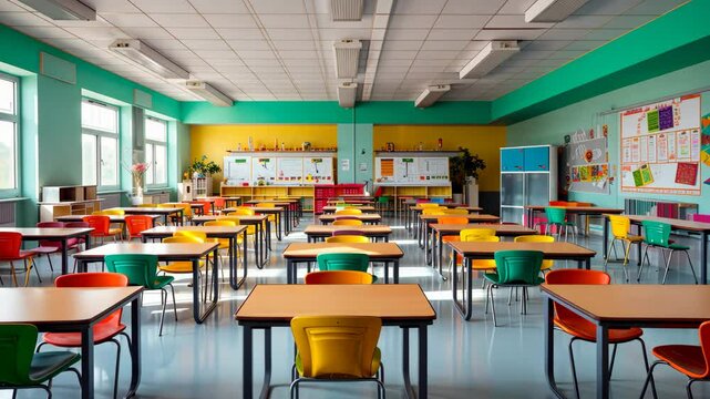 Empty sunny classroom with chairs under desks in elementary school. School during vacation or holidays, A teaching classroom without student during term break or the end of semester in kindergarten