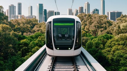 Naklejka premium Carbon-neutral cities renewable and innovation, A modern tram glides along elevated tracks surrounded by lush greenery and a skyline of skyscrapers.