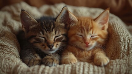 Naklejka premium Adorable Kittens Nap Together Blanket Snuggles Fluffy Fur Peaceful Sleep Cozy Vibe Photo