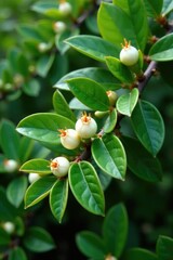 Obraz premium Prickly shrub with dark green leaves and white berries in full bloom, devils club, nature