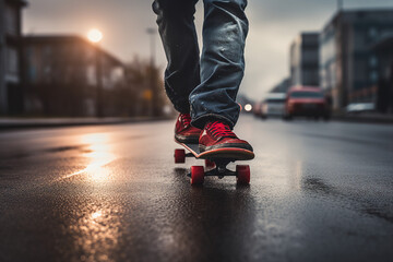 AI generated picture of man riding a skateboard on a city street