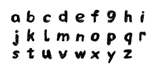 English alphabet hand-drawn in a crayon. Lowercase black letters in chalk, pastel, or wax style. Highlighter effect on white board for kindergarten drawing and learning. Vector illustration.
