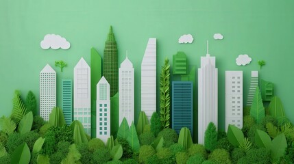Carbon-neutral cities renewable and innovation, A vibrant green cityscape featuring stylized buildings and lush foliage, creating a harmonious blend of urban and natural elements.