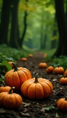 Pumpkins and gourds scattered on forest floor, ground, gourd