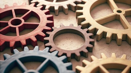 a close-up shot of several colorful gears interlocking, symbolizing teamwork and collaboration