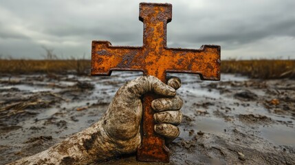 Fototapeta premium Rusty Cross Held by Hand in Muddy Landscape