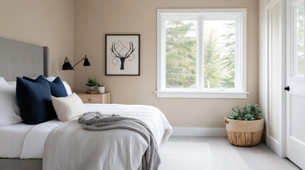 A minimalist Scandinavian bedroom with soft beige walls and large windows letting in natural light