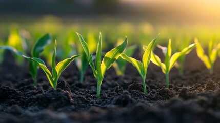 Young corn sprouts growing in the soil, blurred background. Plant background.