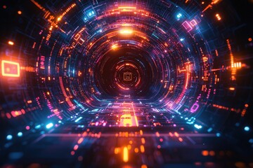 Obraz premium Futuristic digital tunnel with glowing tech lights and circuit patterns