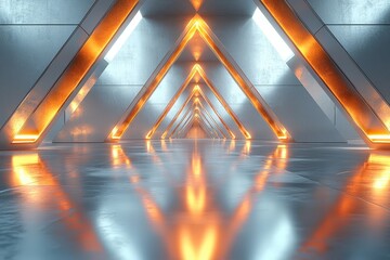 Futuristic neon lit triangular corridor with reflective metal surfaces