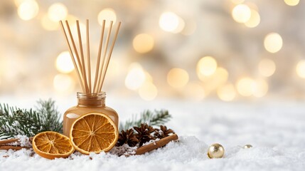 A festive-themed aroma diffuser with cinnamon and dried orange-infused reeds, placed on a snowy white background with holiday lights blurred behind